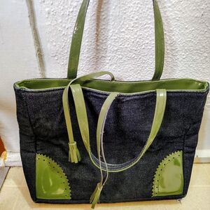 Victoria’s Secret Denim & Green Patent Trim Tote Bag – Rare Vintage Style